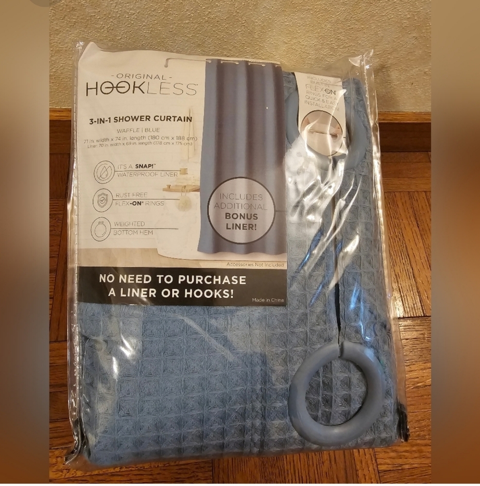 Original Hookless 3-in-1 Waffle Fabric Shower Curtain Set Blue with Bonus Liner